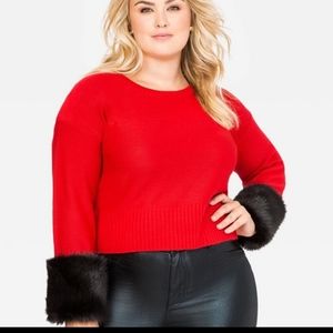 BNWT Red crop sweater with fur cuffs